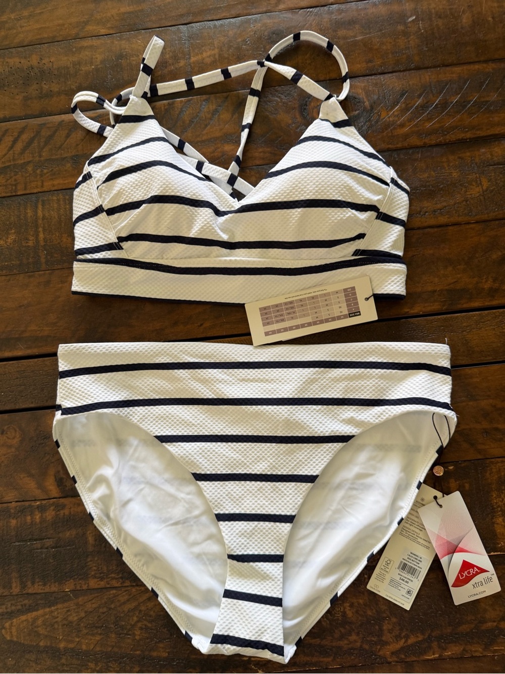 NWT CALIA White Blue Stripe Mesh Bikini Set M Strappy Top Mid Rise Bottom $106